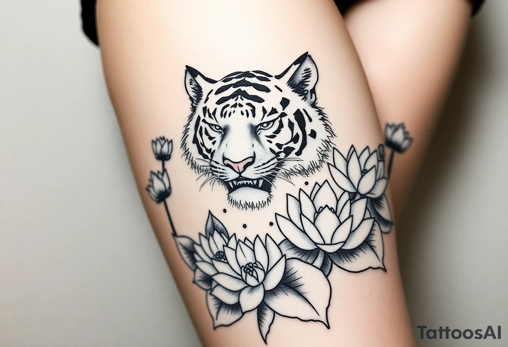 fierce tiger emerging through blooming lotus flowers in mist tattoo idea