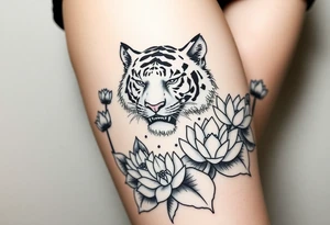 fierce tiger emerging through blooming lotus flowers in mist tattoo idea