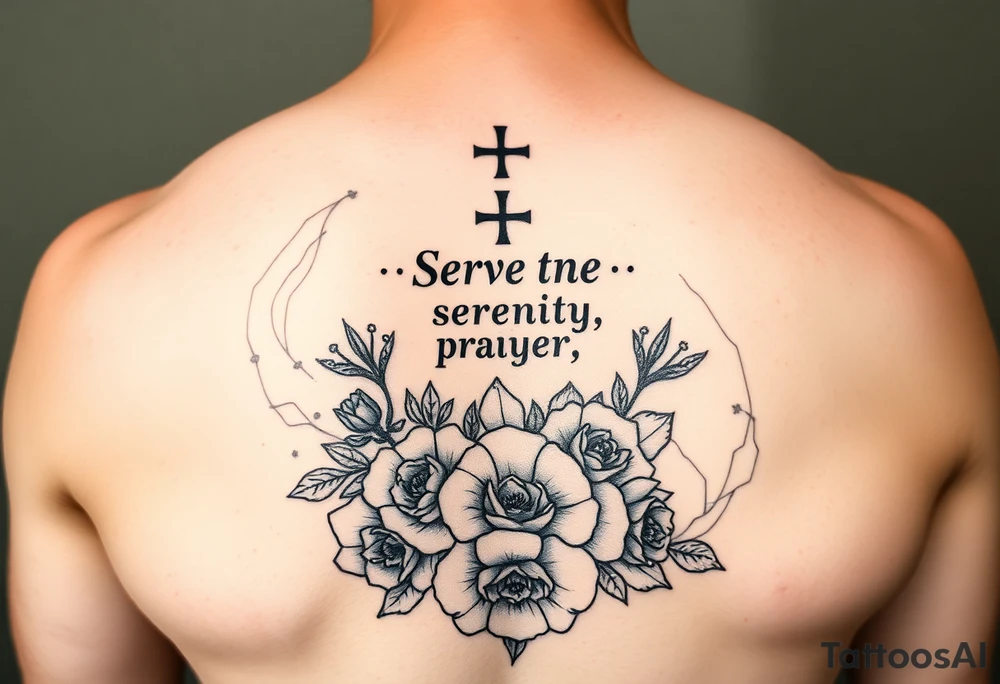 Symbol of the serenity prayer on a bed of roses and carnations in black and white apart from a baby blue water colour tattoo idea