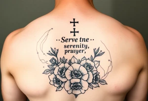 Symbol of the serenity prayer on a bed of roses and carnations in black and white apart from a baby blue water colour tattoo idea