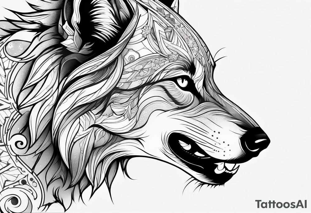Constellation, animal alien wolf, snowflake tattoo idea