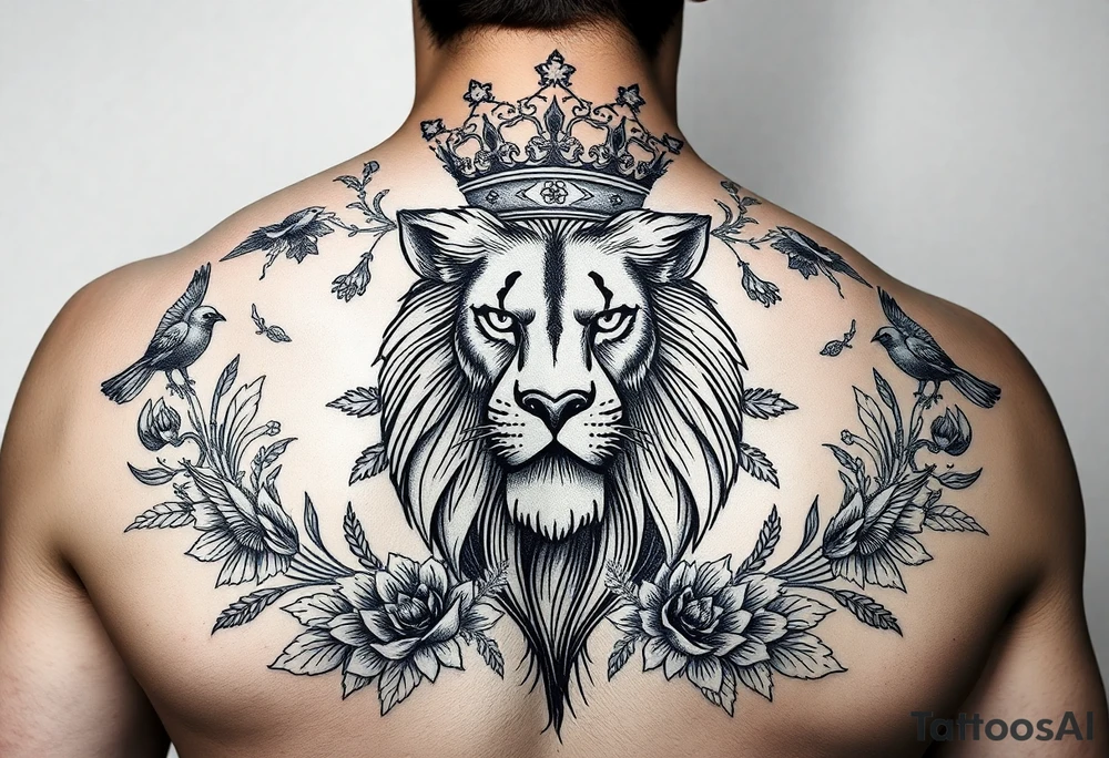 powerful majestic lion with a crown, surrounded by floral ornaments and birds tattoo idea