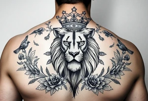 powerful majestic lion with a crown, surrounded by floral ornaments and birds tattoo idea