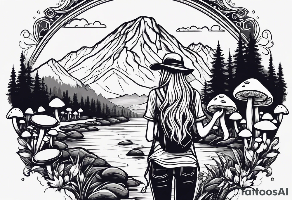 Straight long blonde hair hippie girl in distance holding mushrooms in hand facing away toward mountains and creek surrounded by mushrooms tee shirt and hiking pants tattoo idea