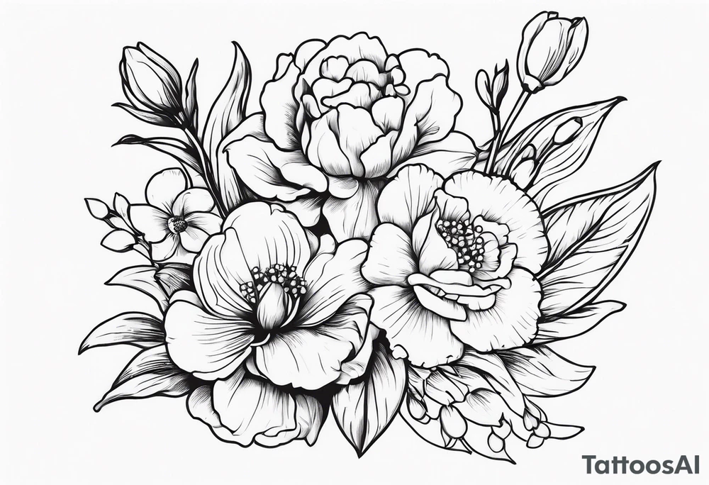 Bouquet
with 1 snowdrop 2 carnations 1 rose 1 lily of the valley 1 daffodil 1 peony tattoo idea