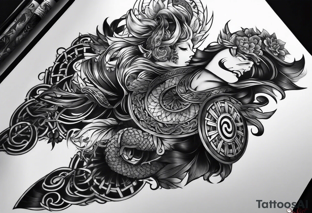arm sleeve tattoo split into 3 different areas down the arm. the first area being Based on japanese Mythology. The 2nd one being based on Hindu mythology. and the 3rd one being based on celtic mythology tattoo idea