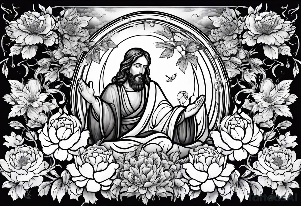 Jesus Christ praying in a peony garden and healed a blind man tattoo idea