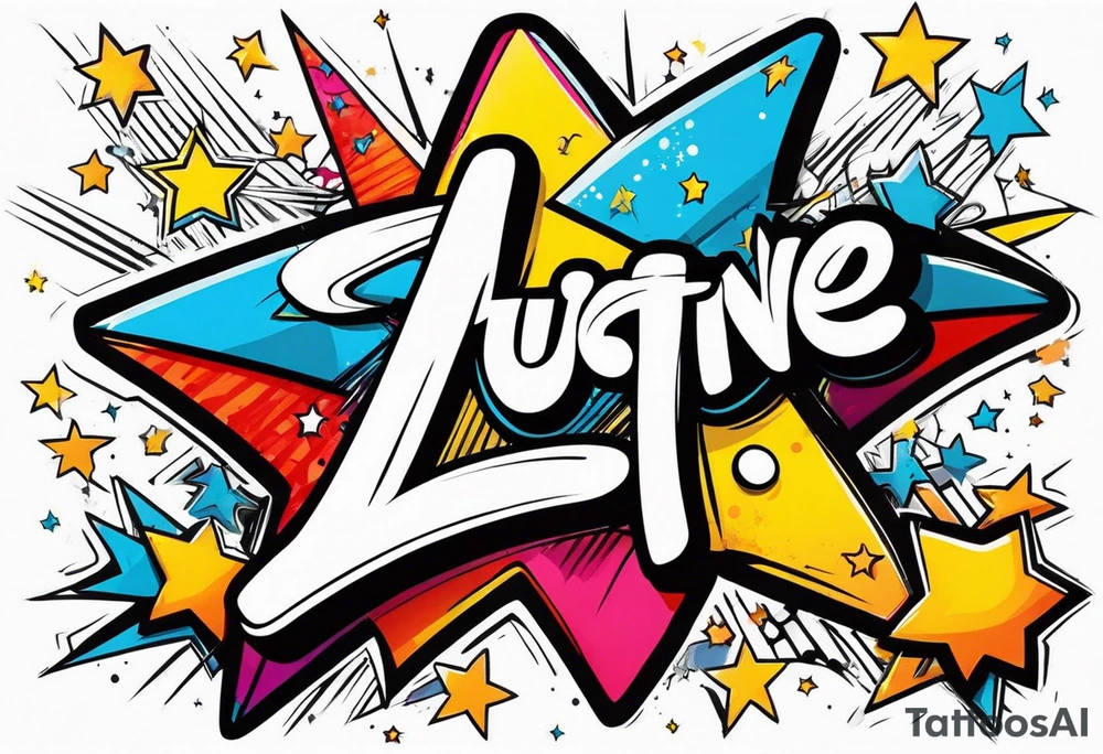 Graffiti style name in Justine in a star tattoo idea