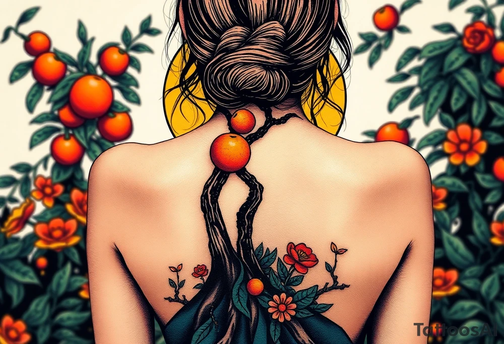 Alice's back silhouette entering a garden. There is a orange tree, and flowers there. tattoo idea