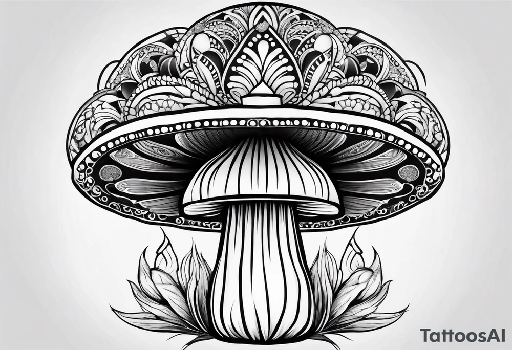 Black mushroom tattoo with henna style mandala design surrounding it tattoo idea