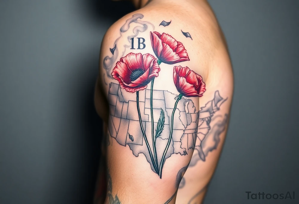 2 poppy’s growing out of the smoke with 11B in the background and layer this over a map of the USA tattoo idea