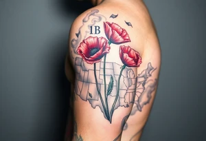 2 poppy’s growing out of the smoke with 11B in the background and layer this over a map of the USA tattoo idea