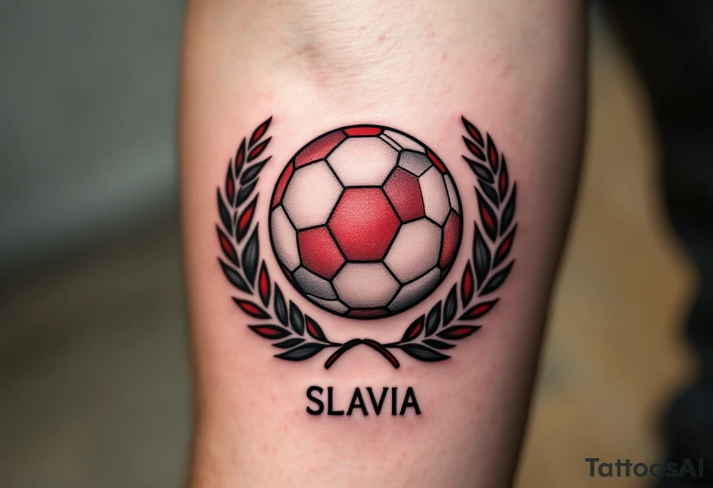 A classic ball surrounded by laurel leaves in red and white, with “Slavia” written underneath. tattoo idea