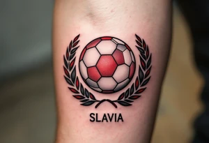 A classic ball surrounded by laurel leaves in red and white, with “Slavia” written underneath. tattoo idea