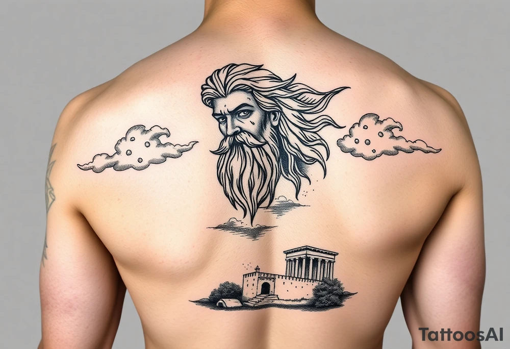 arm sleeve zeus with storm clouds and a Corinthianat the bottom tattoo idea