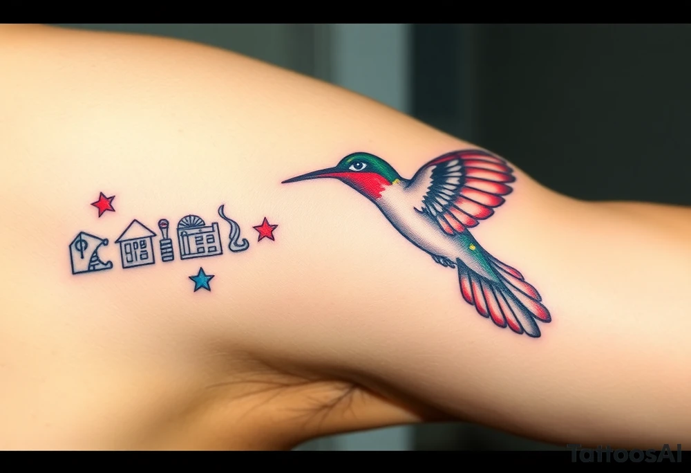 A hummingbird leaving a trail of glowing hieroglyphs as it flies(only red , blue and black are possible colors) tattoo idea