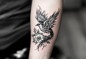 Feminine bird with flames and flowers tattoo idea