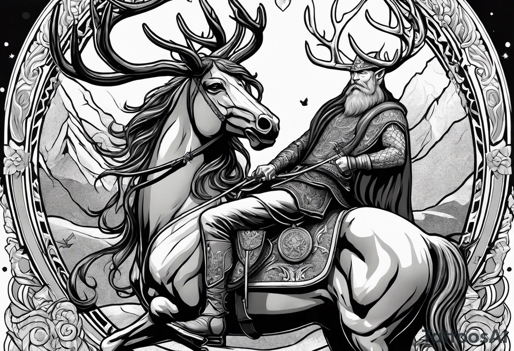 Nordic god Balder riding on a stag with a skull face tattoo idea
