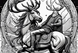 Nordic god Balder riding on a stag with a skull face tattoo idea