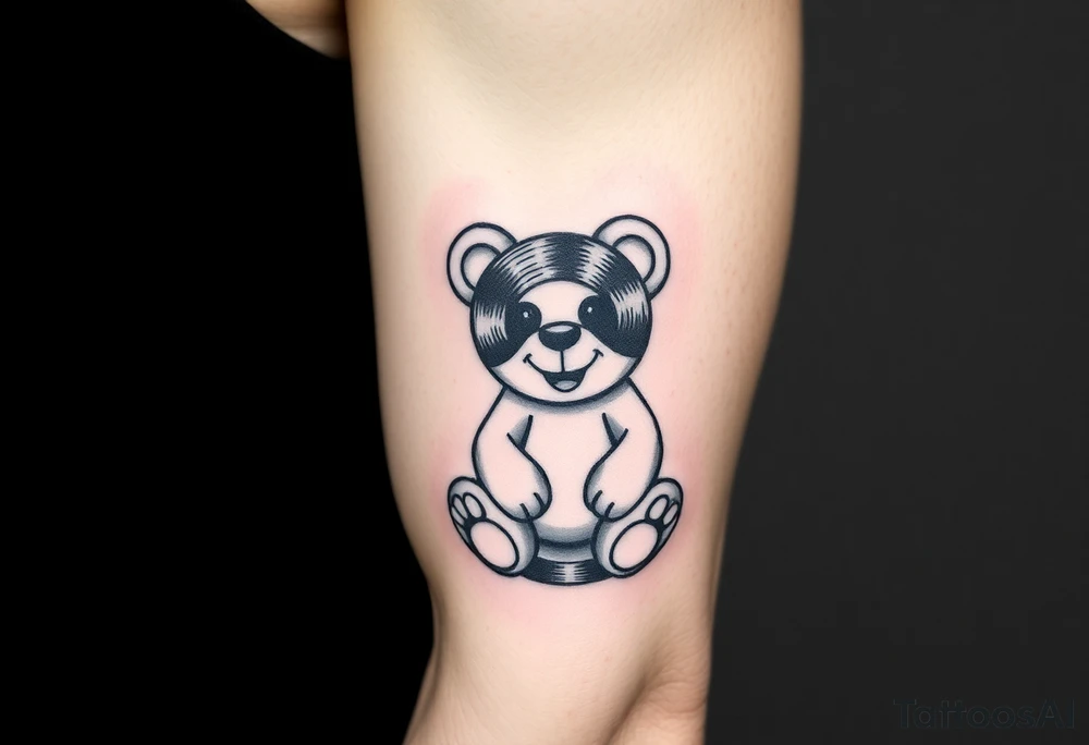 minimalist teddy bear with vinyl records as eyes smiling and sitting on a record yer tattoo idea