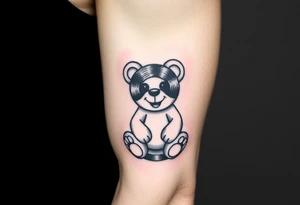 minimalist teddy bear with vinyl records as eyes smiling and sitting on a record yer tattoo idea