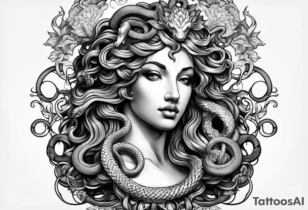 arm tattoo of Medusa head statue with snakes for hair tattoo idea