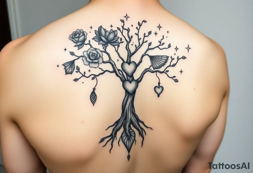 For the shoulder:

Here’s a visual sketch of the Cosmic Tree of Life tattoo concept for your shoulder 🌳✨
	•	Trunk & Roots – grounding, curving toward the chest.
	•	Rose blooming at the end of one branch.
	•	Geisha Fan hanging delicately from another branch.
	•	Scales + Heart as fruit of the tree.
	•	Pawprint carved into the trunk, subtle but personal.
	•	Cosmic stars in the background, adding that mystical, otherworldly aura.

This design flows naturally, ties into your symbolism, and can be shaded/colored to look powerful and feminine at the same time. tattoo idea