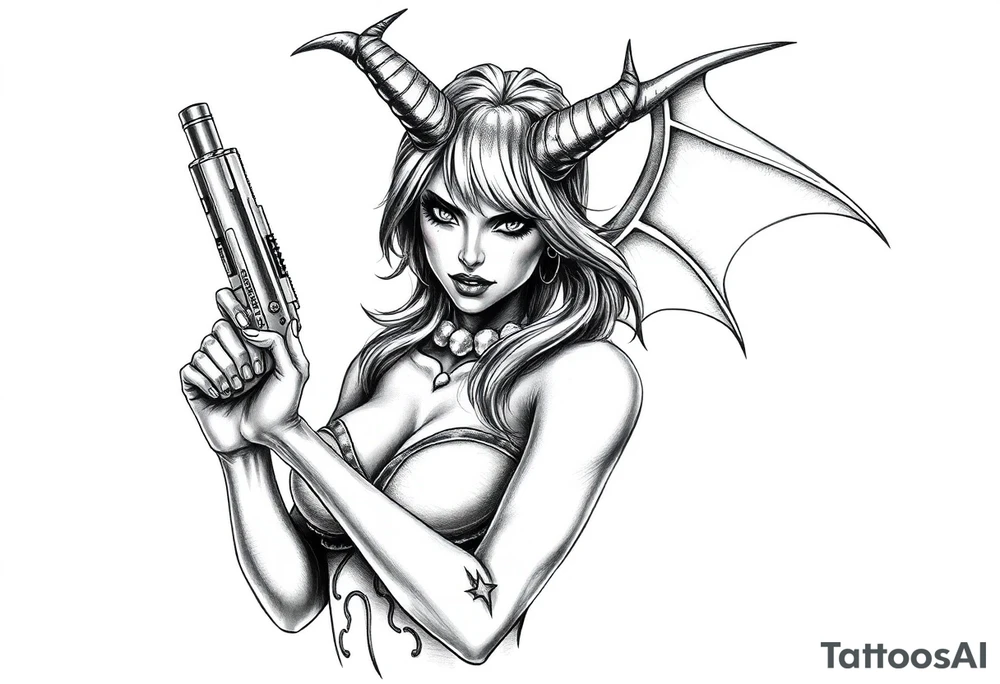 demon girl holding gun tattoo idea