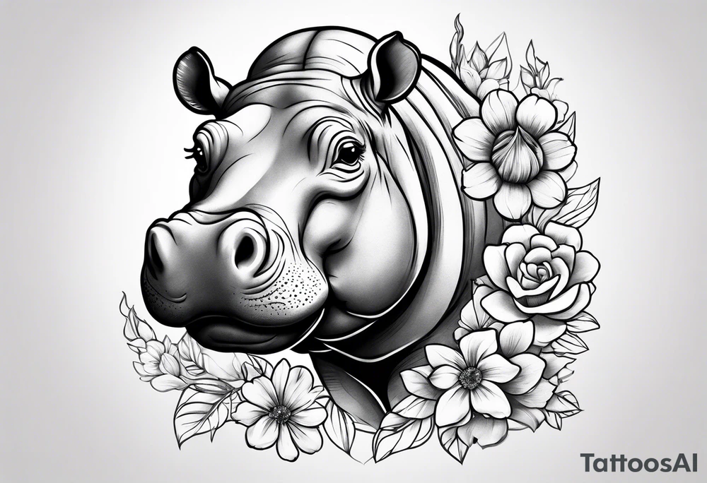 cute hippo with flowers tattoo idea