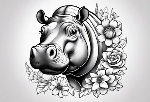 cute hippo with flowers tattoo idea