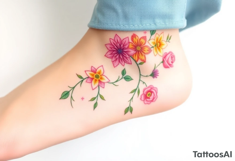 Vine with alternating flowers daffodil,
Lily, chrysanthemum, rose, aster, narcissus tattoo idea