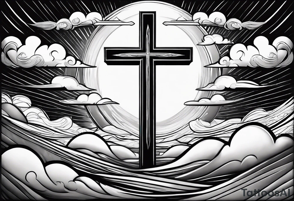 bible verse with a very simple cross in the background and realistic clouds shadowing the cross in the background tattoo idea