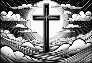 bible verse with a very simple cross in the background and realistic clouds shadowing the cross in the background tattoo idea