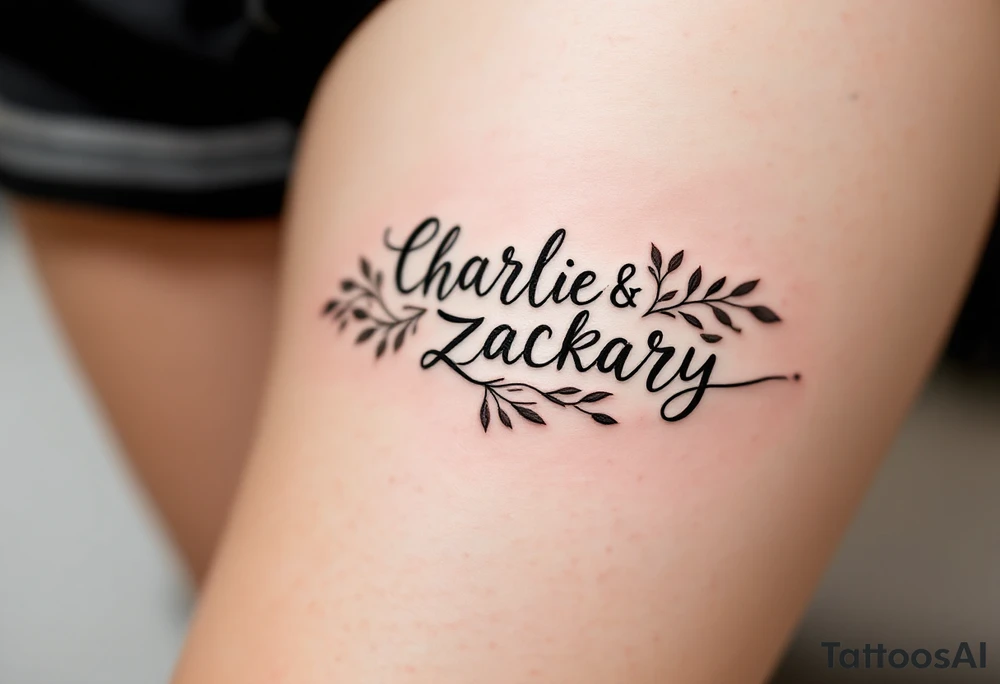 Create a delicate tattoo design that seamlessly integrates the names "Charlie" and "Zackary" in graceful, flowing cursive. Enclose the names within a softly stylized symbol that embodies strength and unity . The overall design should evoke warmth and protection while remaining refined and understated tattoo idea