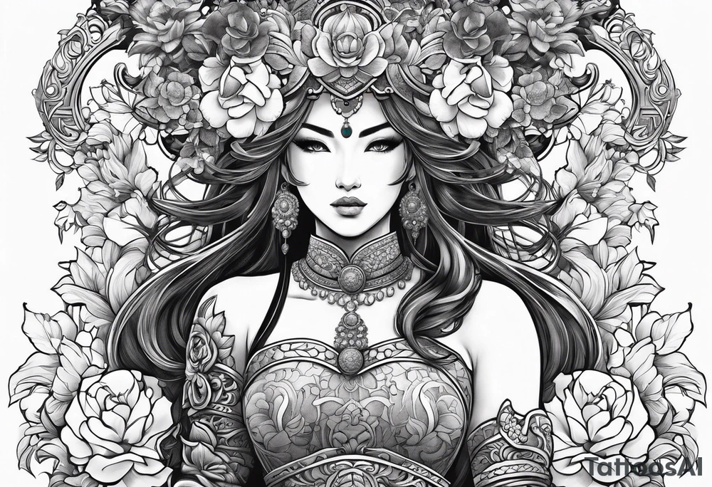 ornate beautiful woman warrior with weapon & floral arch background tattoo from head to torso tattoo idea