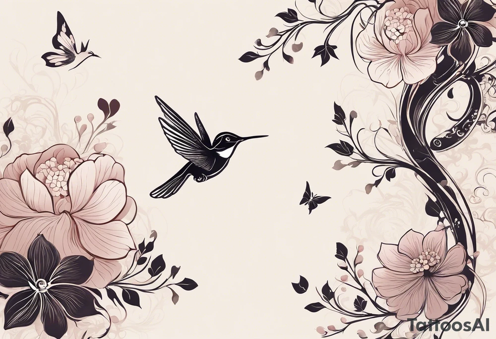 esign a delicate and harmonious tattoo that starts from the lower back and extends to the middle of the back. The tattoo features a thin, flowing Japanese plum branch with subtle ginkgo leaves intertwined. Hidden within the elements of the branch are a horseshoe, a hummingbird, a butterfly, an antique pocket watch, and a diamond. The overall style should be fine and elegant, with all the elements blended seamlessly into the design, giving a natural and artistic look.” tattoo idea
