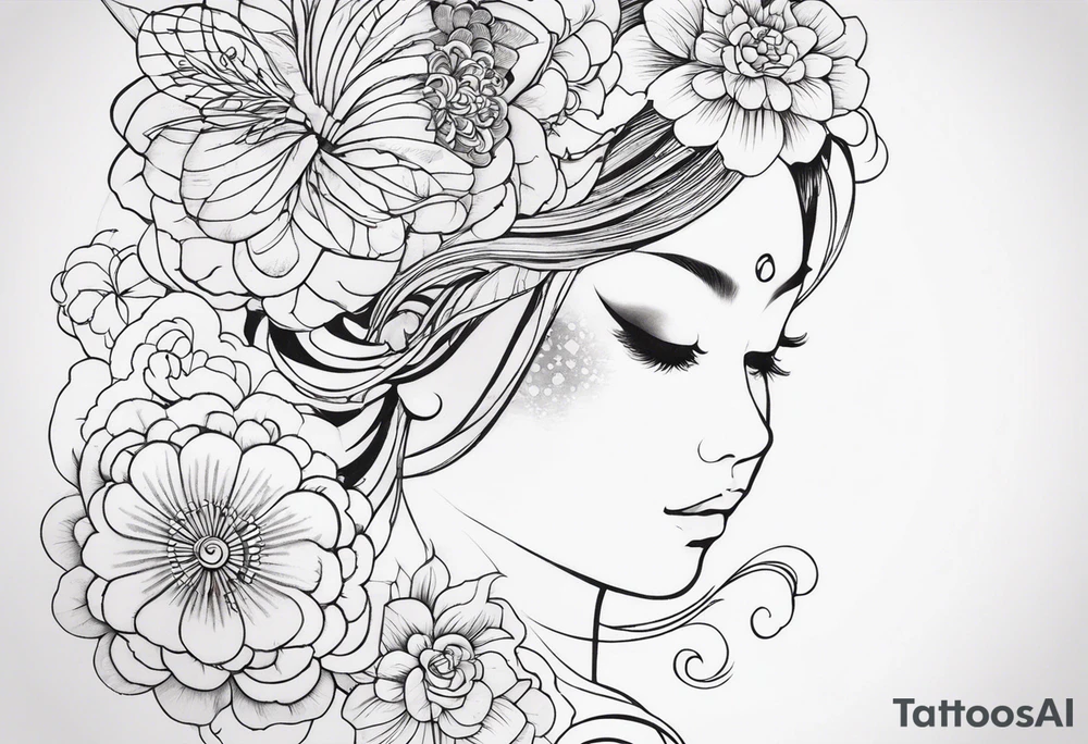 I want a fine line, feminine but very powerful tattoo. I want it to feel oriental and decorative. I want the image to portray a powerful story from the Bible. I want the tattoo to look peaceful and glowy. It has to tell a biblical story. More minimal tattoo idea