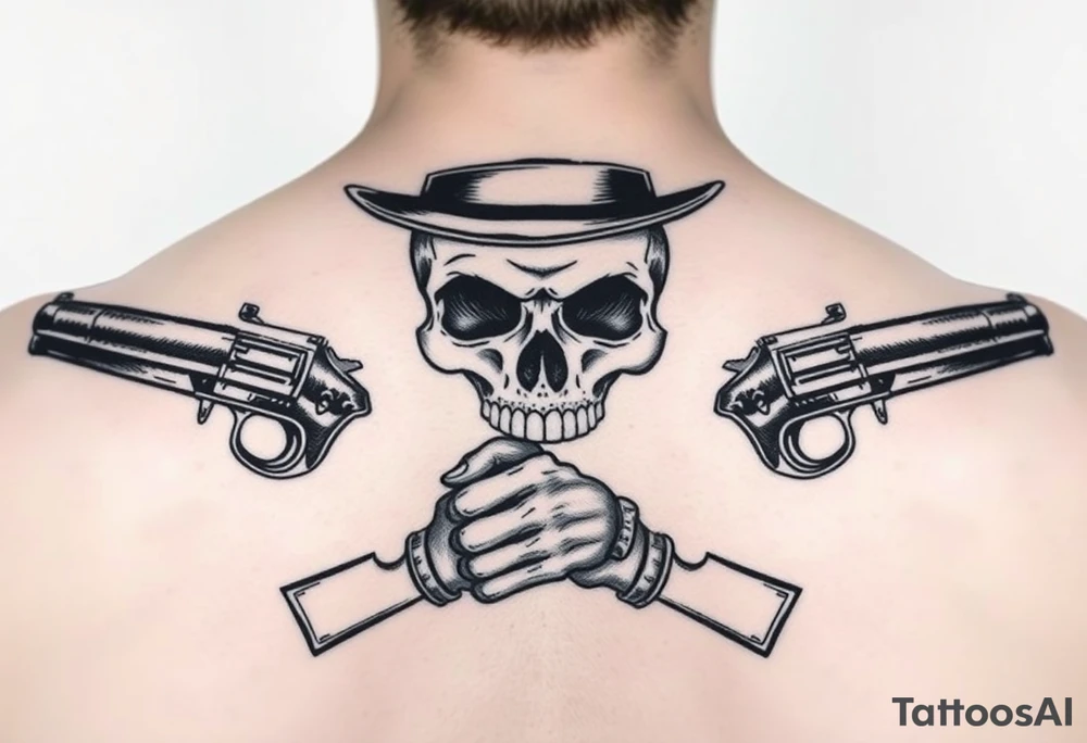 voodoo skull, top hat, dead mans card hand, six guns tattoo idea