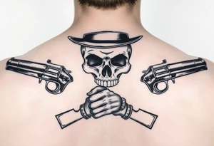 voodoo skull, top hat, dead mans card hand, six guns tattoo idea