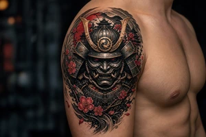 Pop black and grey samurai warrior mask, intricate details, shoulder. More big tattoo idea