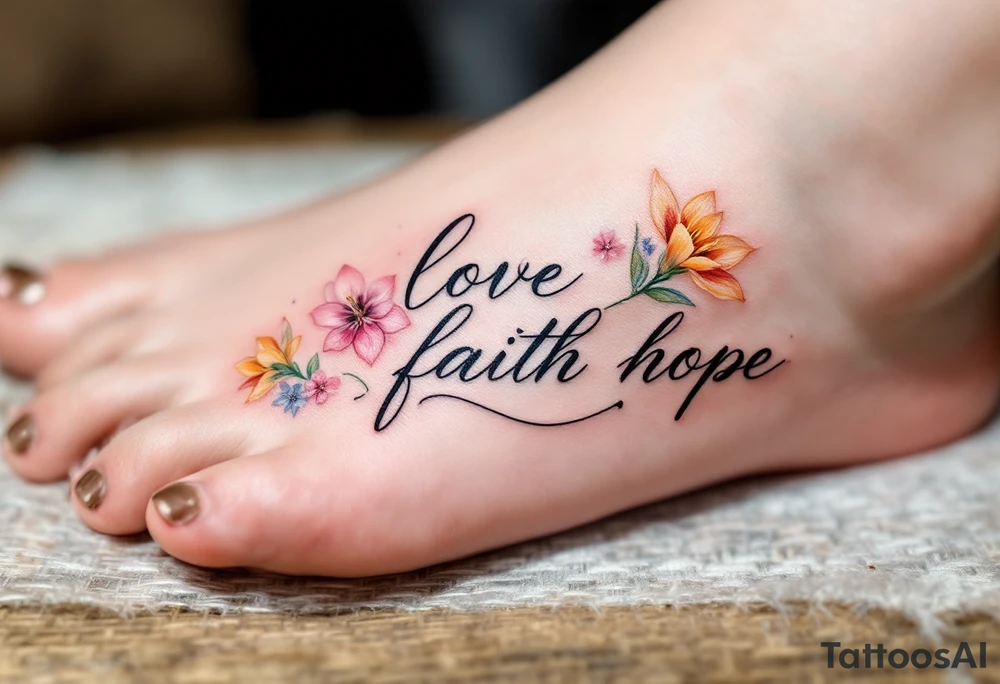 Pastel calligraphy with floral embellishments—cherry blossoms for love, lilies for faith, and daffodils for hope. tattoo idea