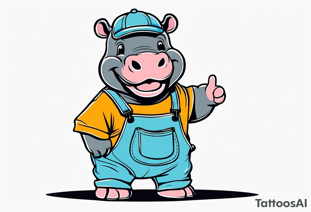Baby hippo wearing a overalls and flipping the bird tattoo idea