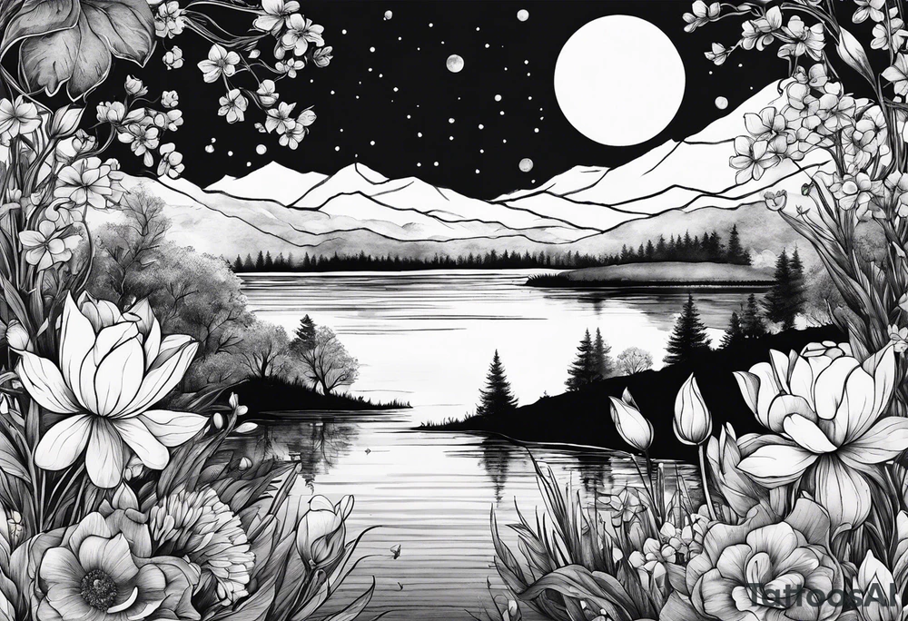 Secret, hidden garden, flowers, lake, daylight moon tattoo idea