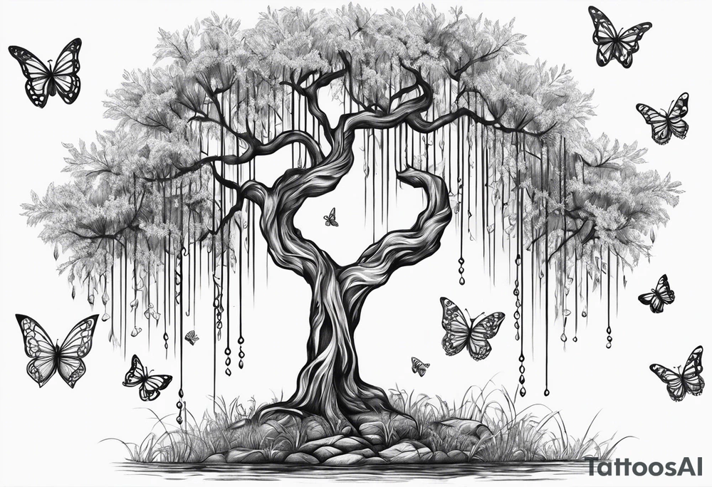 Skinny Weeping willow tree with butterflies tattoo idea