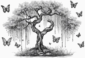 Skinny Weeping willow tree with butterflies tattoo idea