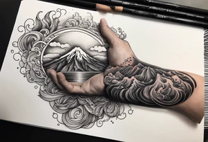 An erupting volcano on left shoulder with a lava flow that flows down the left bicep and across the left pectoral. The flow on the arm will empty into the sea. tattoo idea