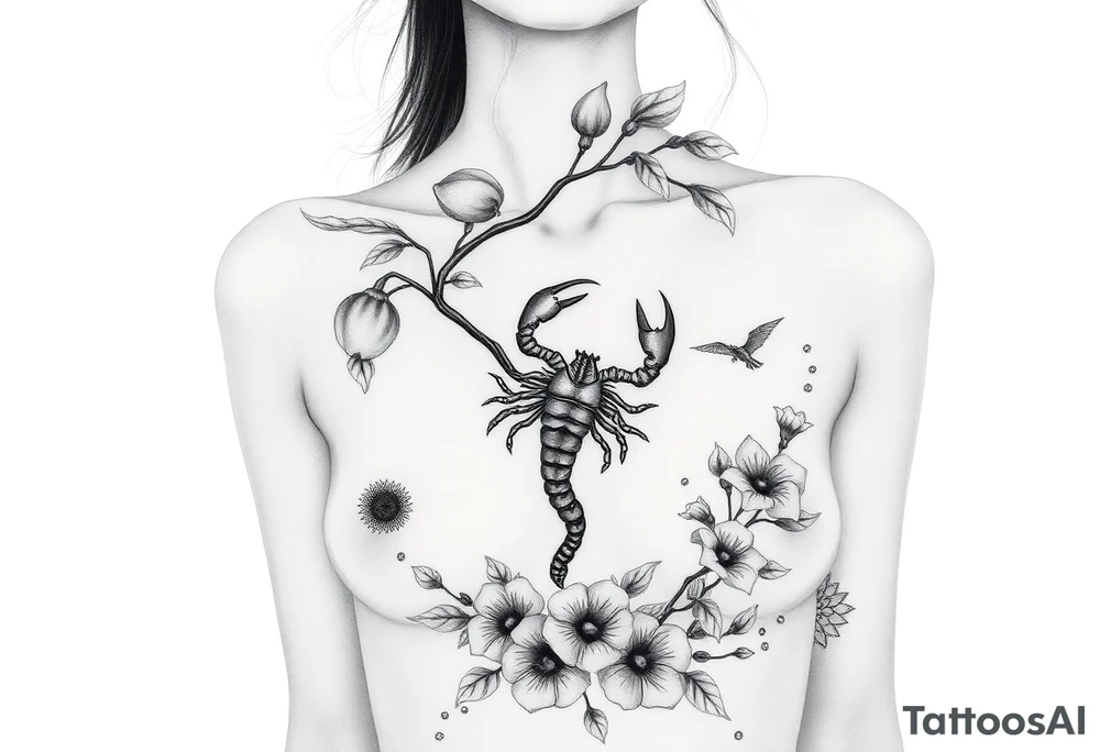 Body of a woman forming a blossoming peach tree with a Scorpio on a branch and morning glories & cosmo flowers underneath tattoo idea