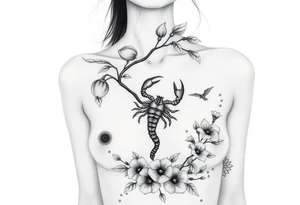 Body of a woman forming a blossoming peach tree with a Scorpio on a branch and morning glories & cosmo flowers underneath tattoo idea