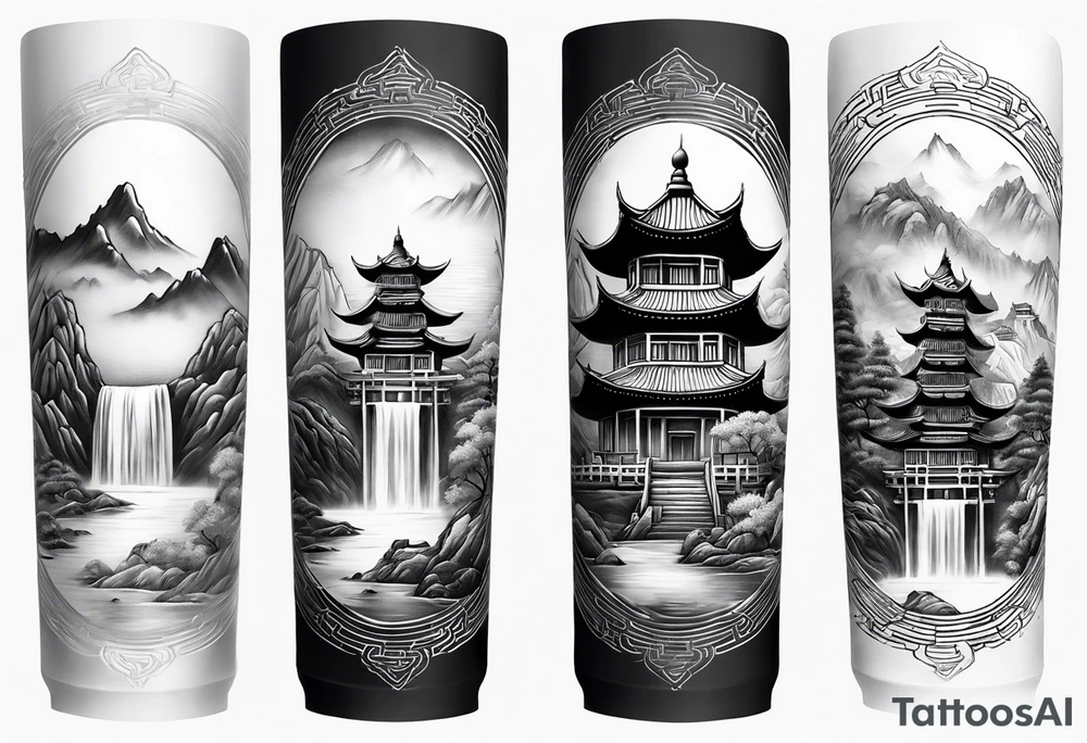 forearm sleeve traditional chinese art painting Chinese temple buddha wearing robes and drinking tea mountains mist fog waterfall tattoo idea