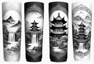 forearm sleeve traditional chinese art painting Chinese temple buddha wearing robes and drinking tea mountains mist fog waterfall tattoo idea